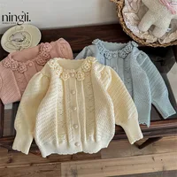 Autumn Kids Baby Girls Sweaters Cotton Knitted Solid Flower Patched Long Sleeve Toddler Girls Coat Children Girls Knitwears 4