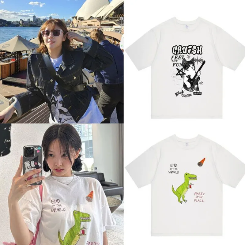 

Twices Korea Im Nayeon Yoo JeongYeon Same Short Sleeve T-shirts Women Summer Loose Dinosaur Cat Half Sleeve Cotton Print Clothes