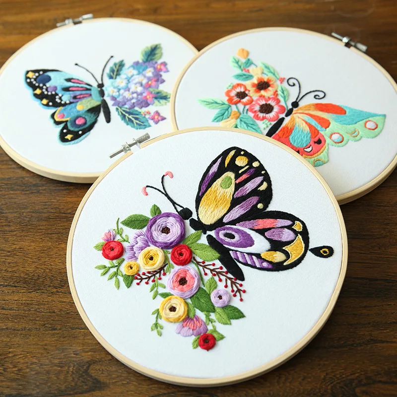 Butterfly DIY Embroidery Kit Flower Printed Pattern for Beginner Cross Stitch Set Needlework Hoop Handmade Sewing Art Craft Kit embroidery set,embroidery kits