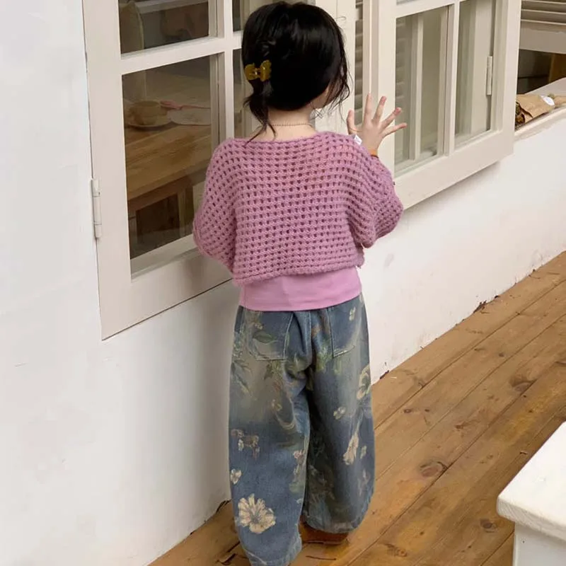 한국 봄 가을 아동 의류 소녀 빈티지 꽃 청바지 캐주얼 아동 와이드 레그 팬츠 패션 루즈 바지
