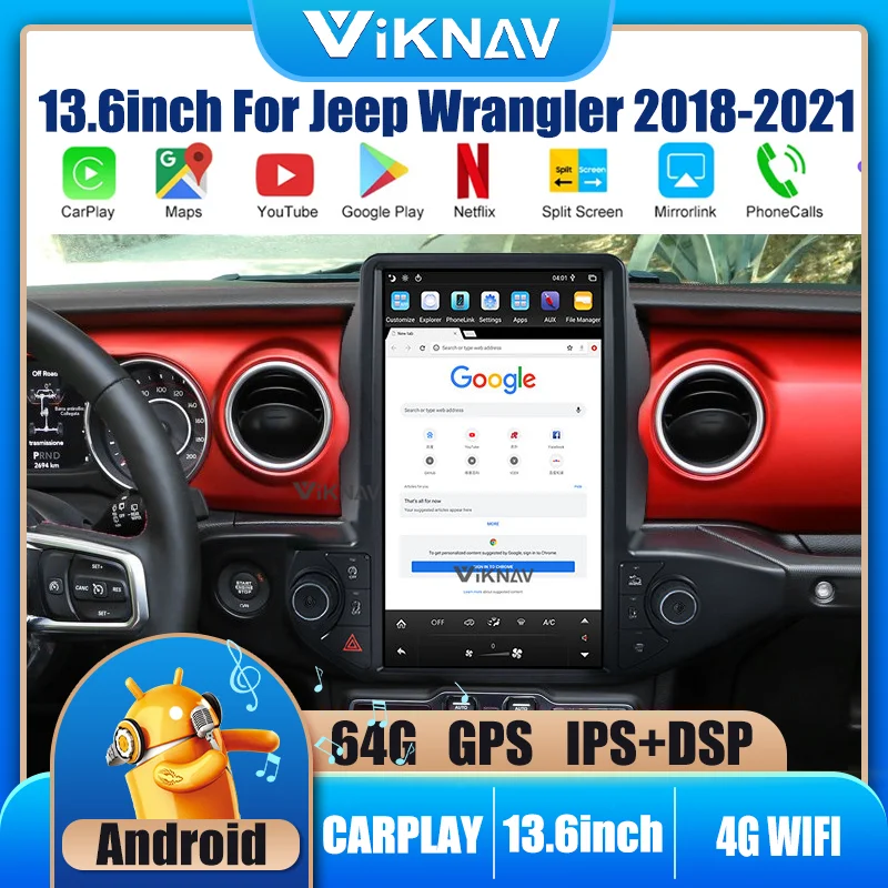 

Screen For Jeep Wrangler Android car radio 2018-2021 GPS navigation 13.6 inch DVD multimedia auto stereo touch vertical Screen