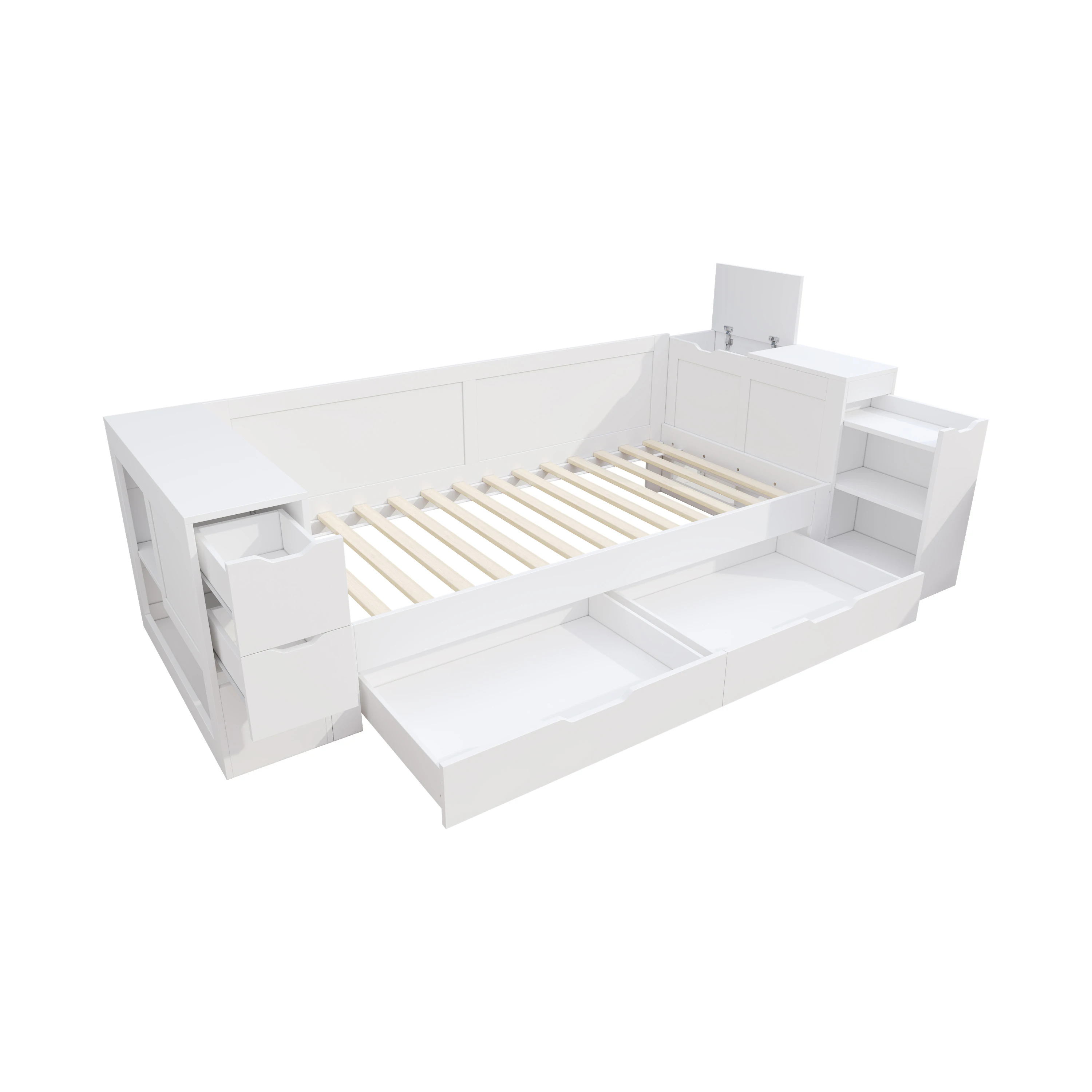 KOMHTOM Weißes multifunktionales Kinder Einzelbett Daybed 90x200cm mit Nachttisch Schubladen Regalen und Stauraum ohne Matratze – Detail 9