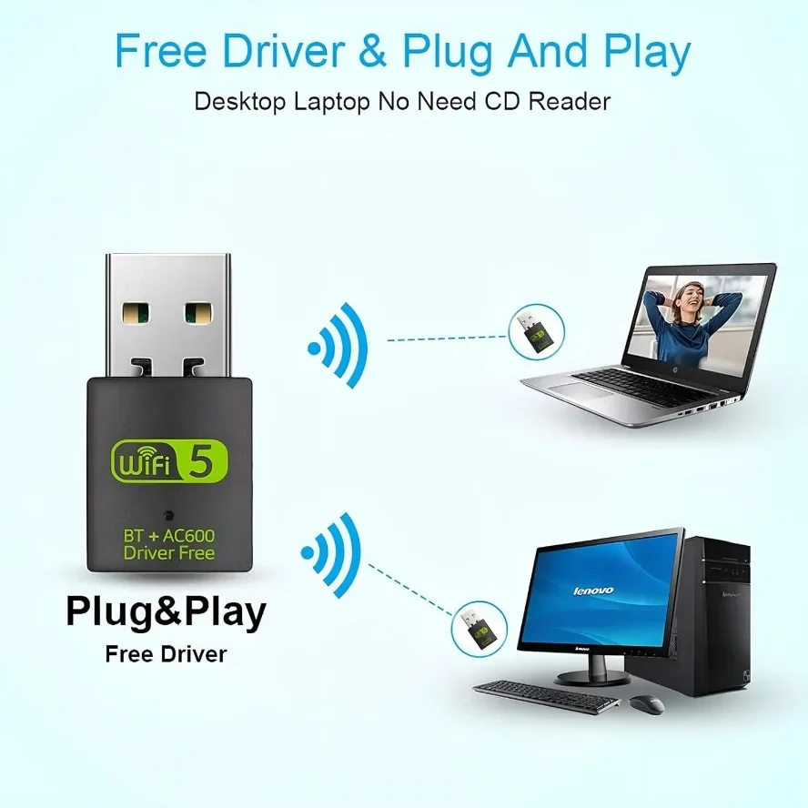 600M 2-In-1 USB WiFi 블루투스 어댑터 듀얼 밴드 USB 무선 카드 2.4G/5.8G 데스크탑/노트북 Wifi 어댑터 드라이버 무료 고속