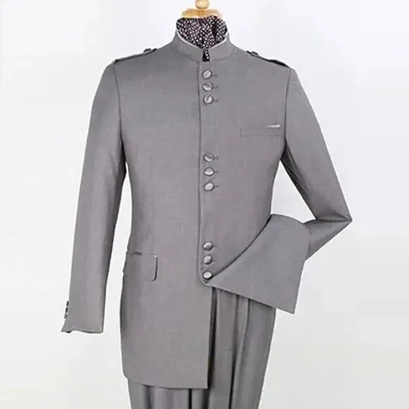 Chic Gray Single Breasted Men's Suits Stand Lapel Slim Fit 2 Piece Jacket Pants Outfits Male Clothing Elegant Office Outfits