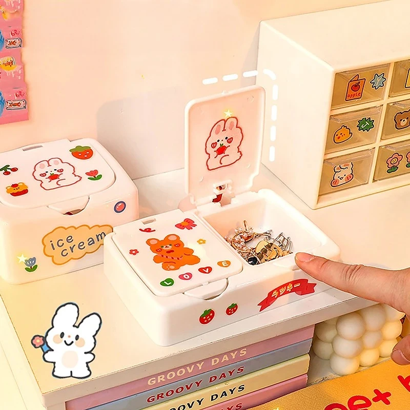 Kawaii Cartoon Desk Organizer Box Button Cosmetics Storage Box with Lid Mini Jewelry Organizer Cosmetics Makeup Container