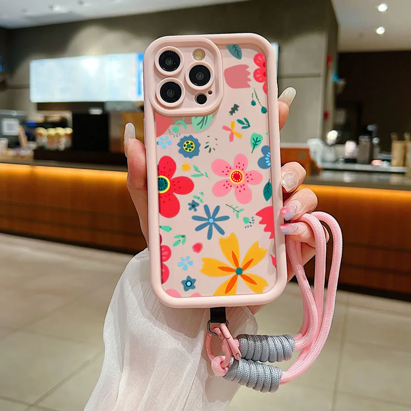 Floral Wrist Chain Lanyard Phone Case with Soft TPU Cover