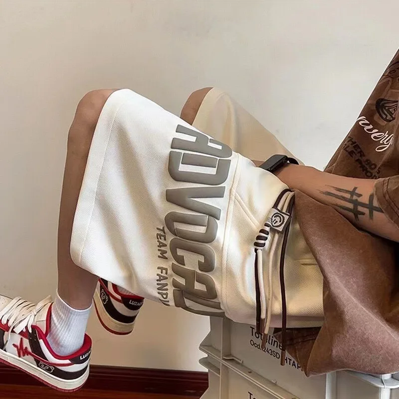 Men's Summer Shorts Loose Versatile Large Size Sports Letter Print Elastic Waist Knee Length Couple Casual Pants Wide Shorts