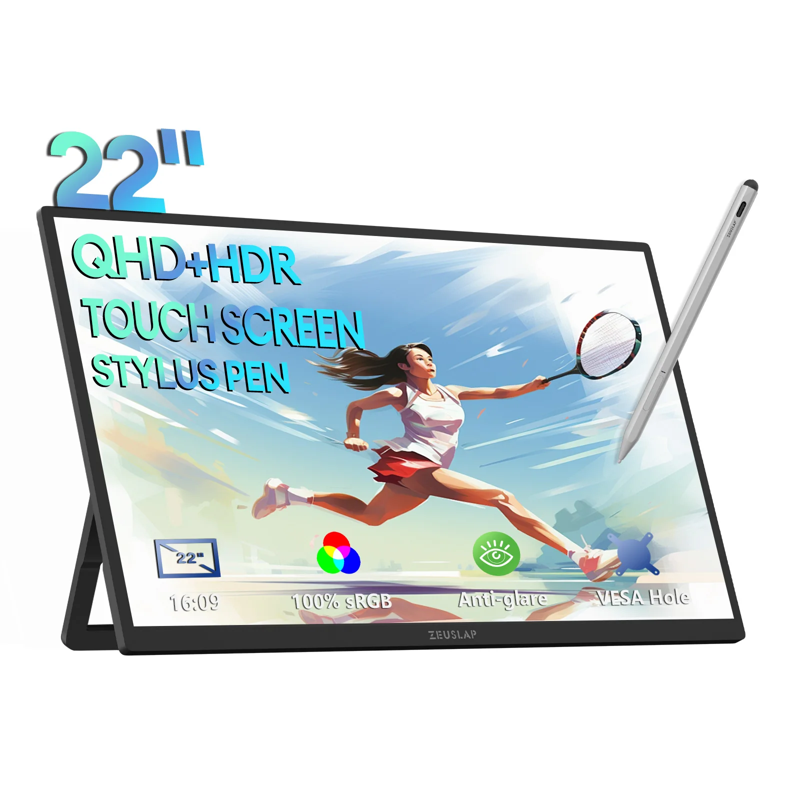 ZEUSLAP 22인치 2560*1440P 스타일러스 펜 터치 100%sRGB 썬더볼트 타입 C HDMI 출력 (휴대폰, NS, PS5, 노트북 PC 확장 모니터)