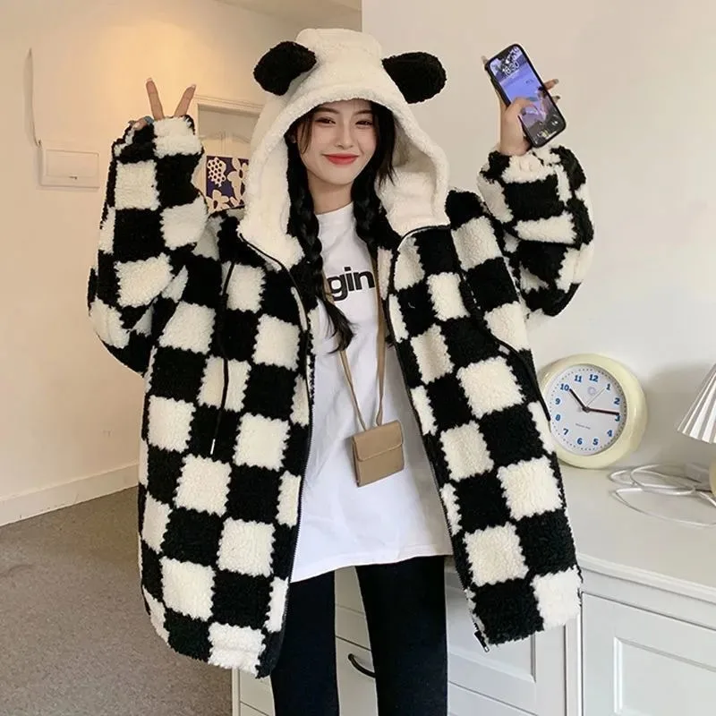 

Kawaii Zip Up Loose Y2k Hoodies Women Winter Thicken Checkerboard Harajuku Bear Ears Cute Female Sweatshirt Oversized Coat Kpop
