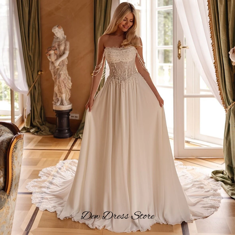 Temperament A-Line Chiffon Wedding Dress Customized Beading and Appliques Bridal Gown Modern Strapless Sleeveless Robe de mariée