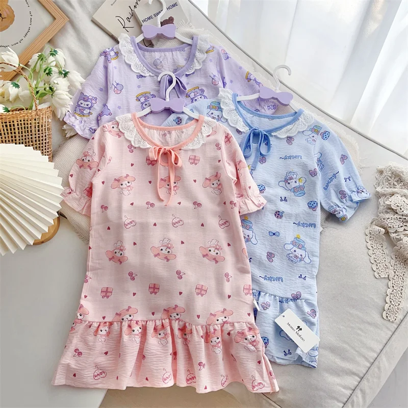 

2024 My Melody Girls Nightdress Sanrio Kawaii Anime Kuromi Cinnamoroll Dresses Summer Sweet Cute Cartoon Babys Clothes Kid Gift