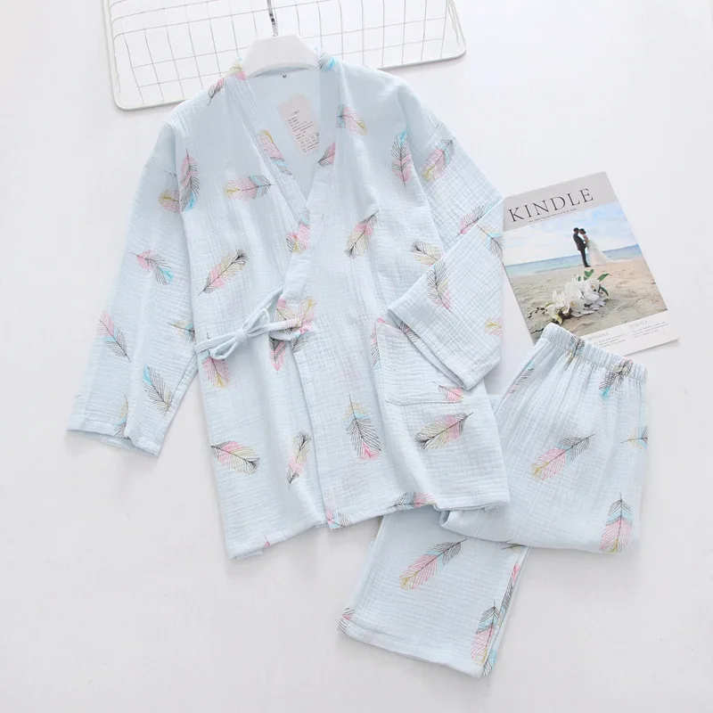 

Japanese Kimono Ladies Spring and Autumn Pajamas Two-Piece Three-Quarter-Sleeved Trousers Cotton Crepe Lace Home Service Set