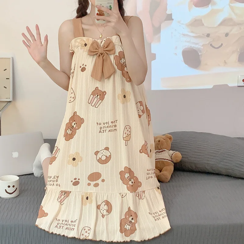 Sweet Cute Nightdress Women Princess Nightgown Lady Sleeveless Sleepwear Summer Female Cotton Nightgowns Loose Home Clothes
