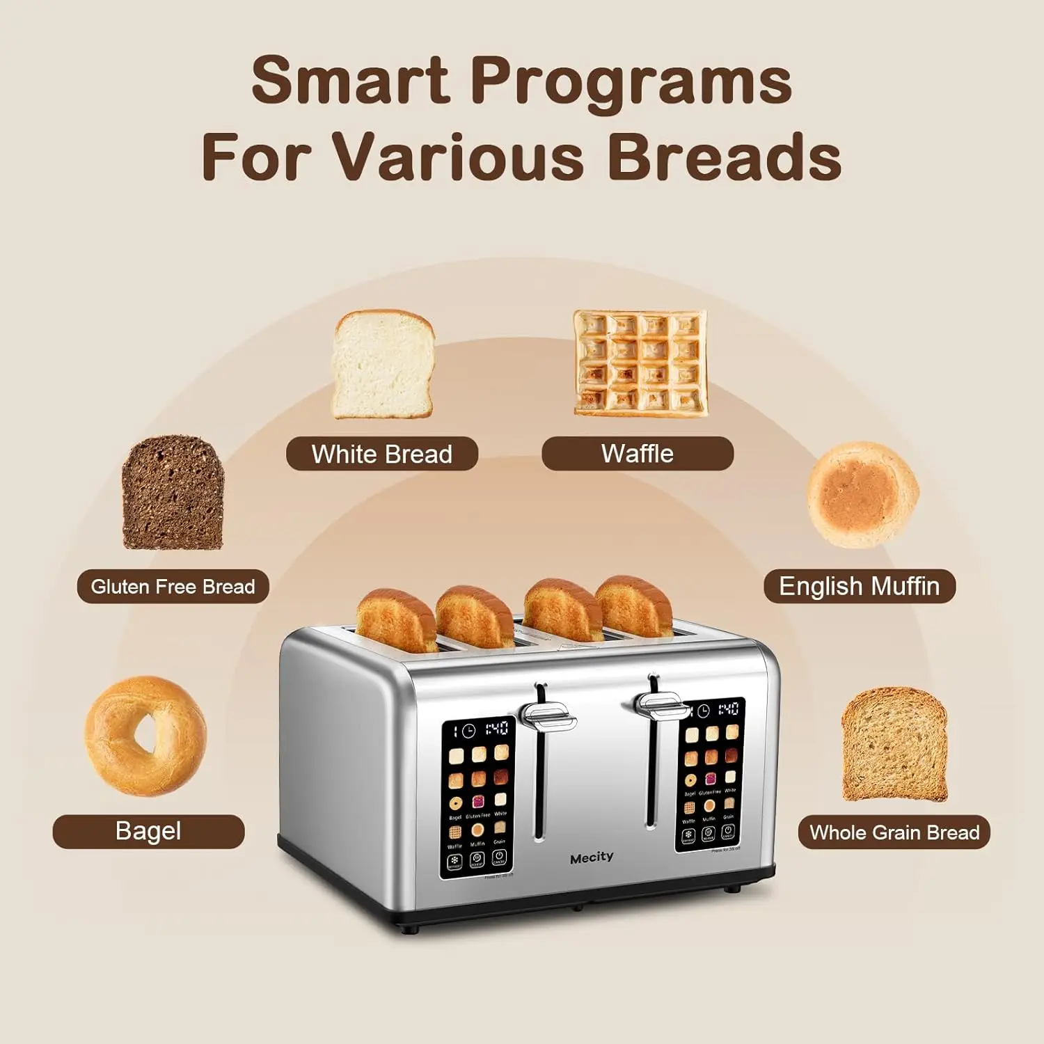 4 Slice Toaster Touch Screen Control 4 Wide Slot Stainless Steel Smart Bread Toaster for Bagel Muffin Waffle Dual Control Pannel 3