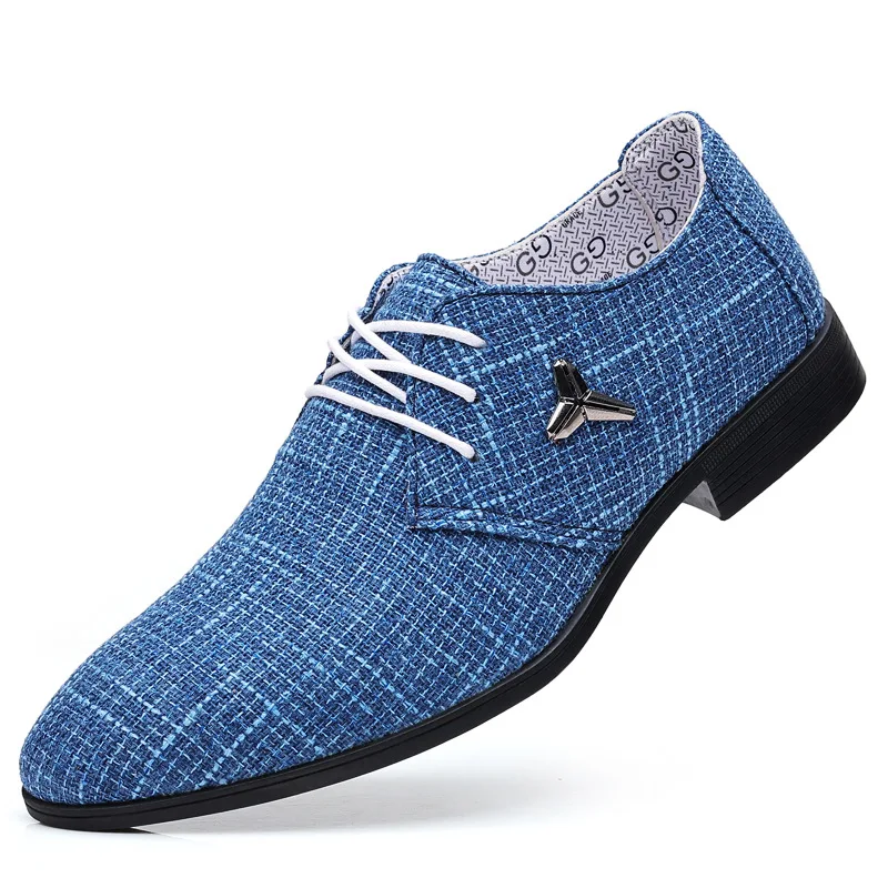 Mens Canvas Concise Shoes Men's Business Dress Pointy Plaid Shoes Breathable Formal Wedding Basic Shoes Men Loafers Plus Size