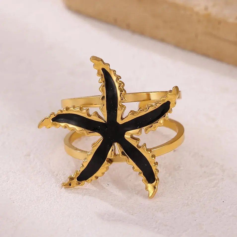Black Enamel Starfish Rings / Stainless Steel Starfish Adjustable Ring