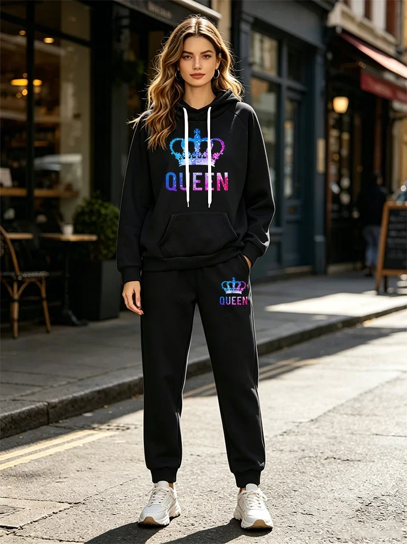 Ensemble de survêtement pour femme, imprimé Queen, sweat à capuche décontracté, 2 pièces, vêtements de sport d'extérieur, tenues, ensembles de pantalons tendance automne-hiver