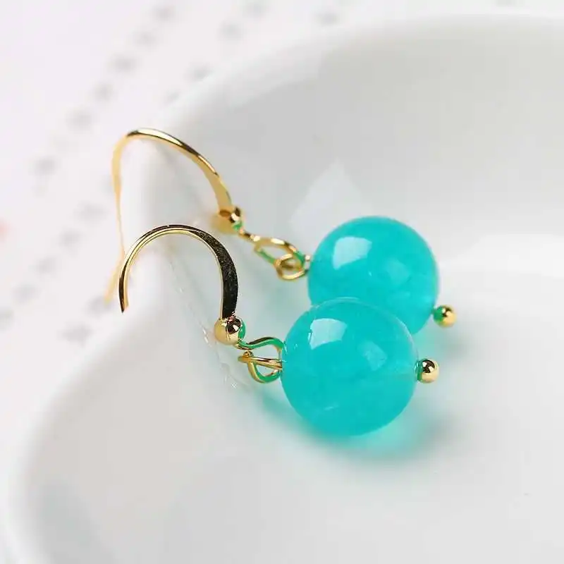 

Handmade 10MM aquamarine beads 18K gold plated earrings A pair Party Ear stud Jewelry Women