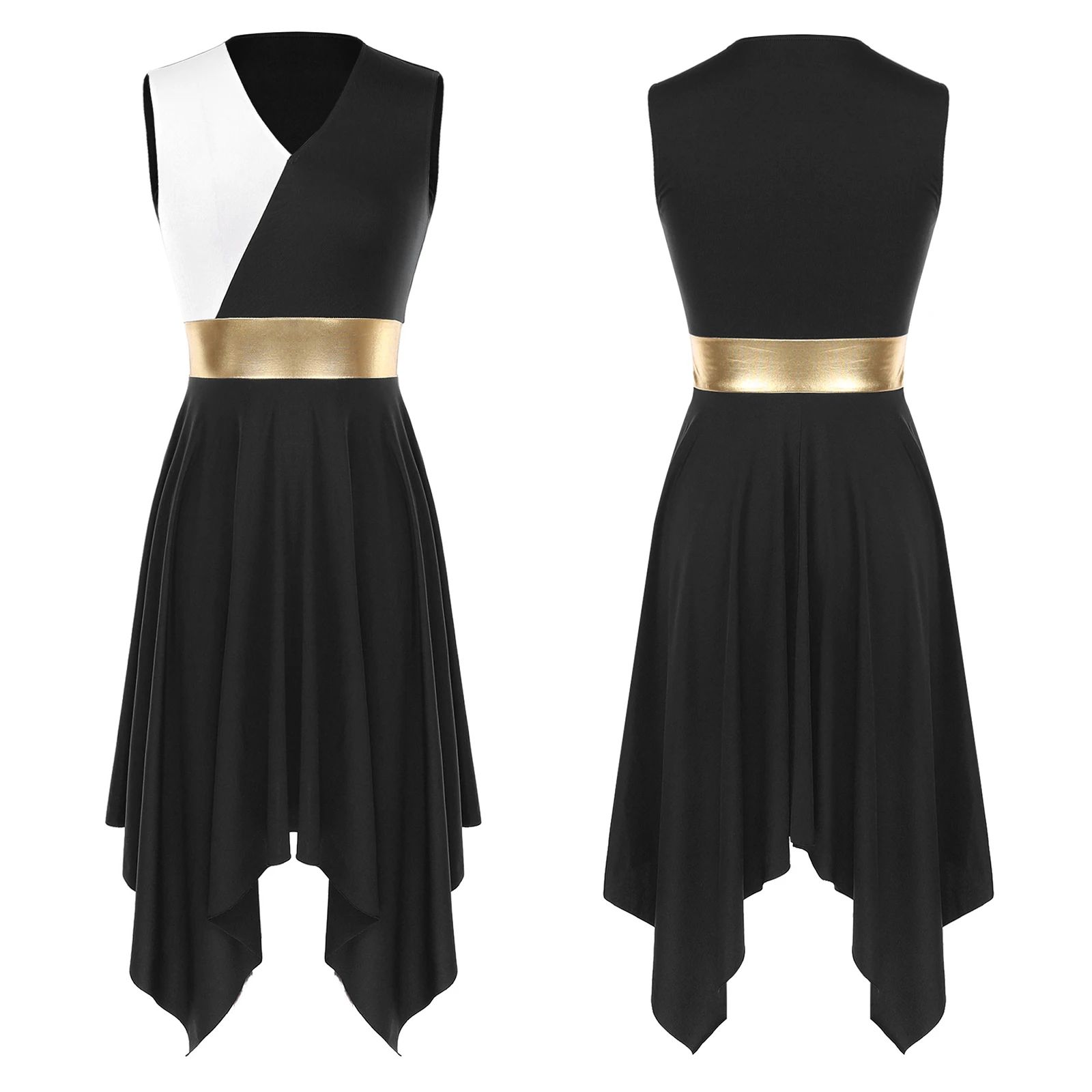thumbnail image 1 of Vestidos de ballet para mujer, vestidos de baile de alabanza, escote en V, sin mangas, dobladillo irregular, ropa de baile, fiesta de graduación, vestido de danza litúrgica moderna, 1 of 5