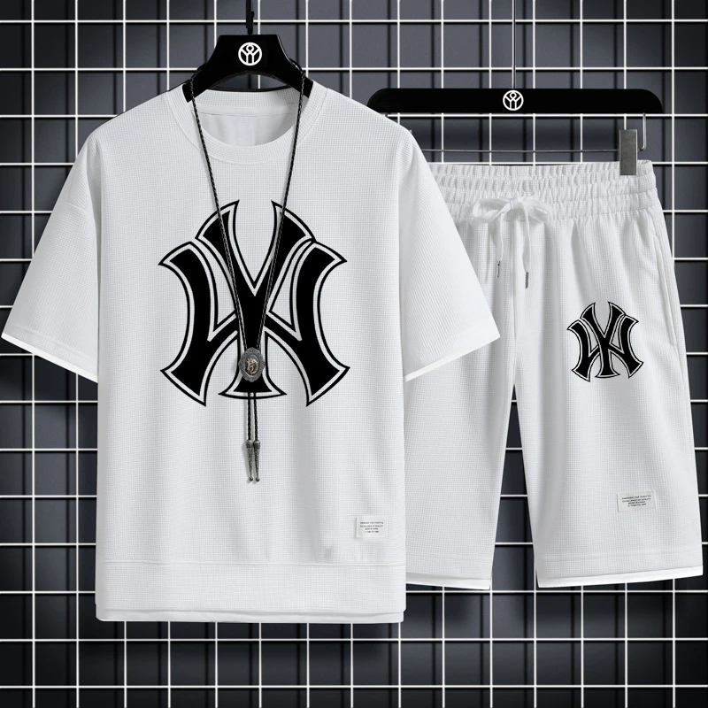 New Summer Fashion Men's Short Set Anime Bear Pattern Sportswear Trendy Sportswear Two piece Set Waffle Checker Unisex Clothing