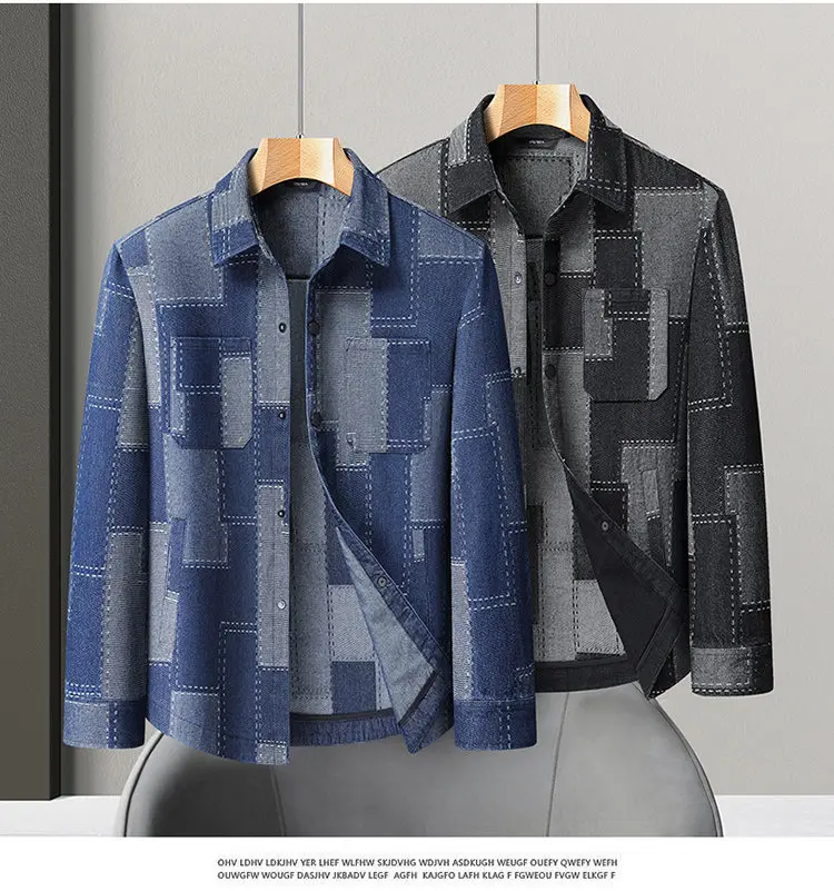 Übergroße L-8XL Herren-Jeansjacken mit Karomuster, Jugend-High-Street-Wear, lockerer karierter Baumwollmantel, einreihige Top-Kleidung – Detail 10