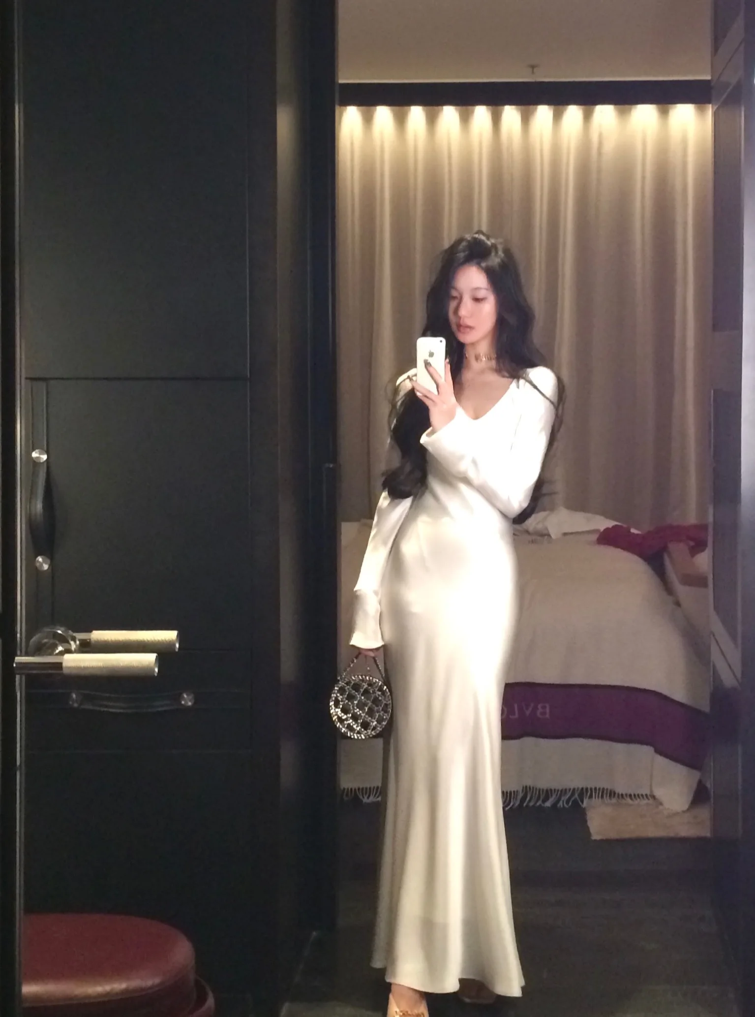 Vestidos largos de satén de otoño para mujer, vestido de fiesta de noche para boda, vestido de graduación, vestido de sirena de una pieza con cuello en V y mangas largas