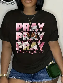 Women's Casual T-Shirts with "Pray On It Pray Over It Pray Through It" Inspirational Quote & Floral Lettering Ladies T Shirts 1
