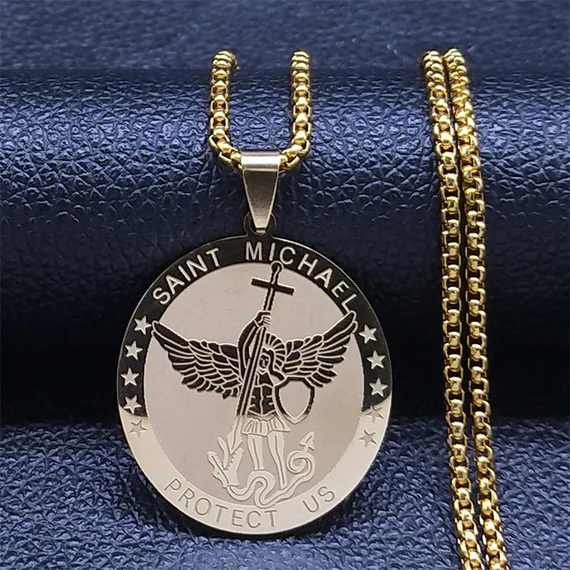 Archangel Saint Michael Medal Necklace for Women Men Stainless