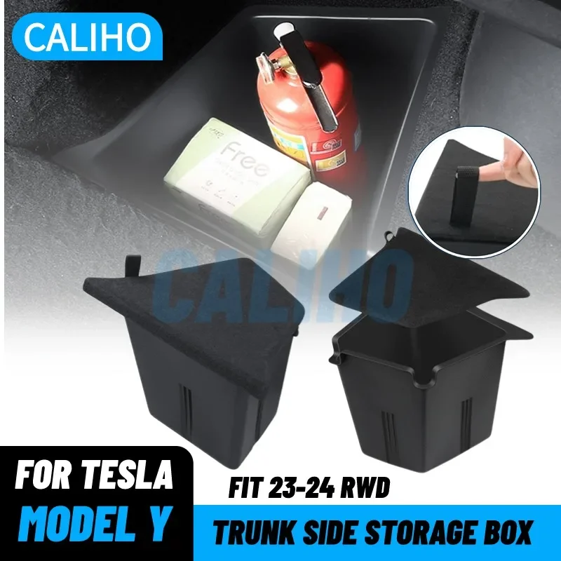 Car Trunk Side Storage Box for Tesla Model Y-24 Hollow Cover Organizer Flocking Mat Partition Board Stowing Tidying