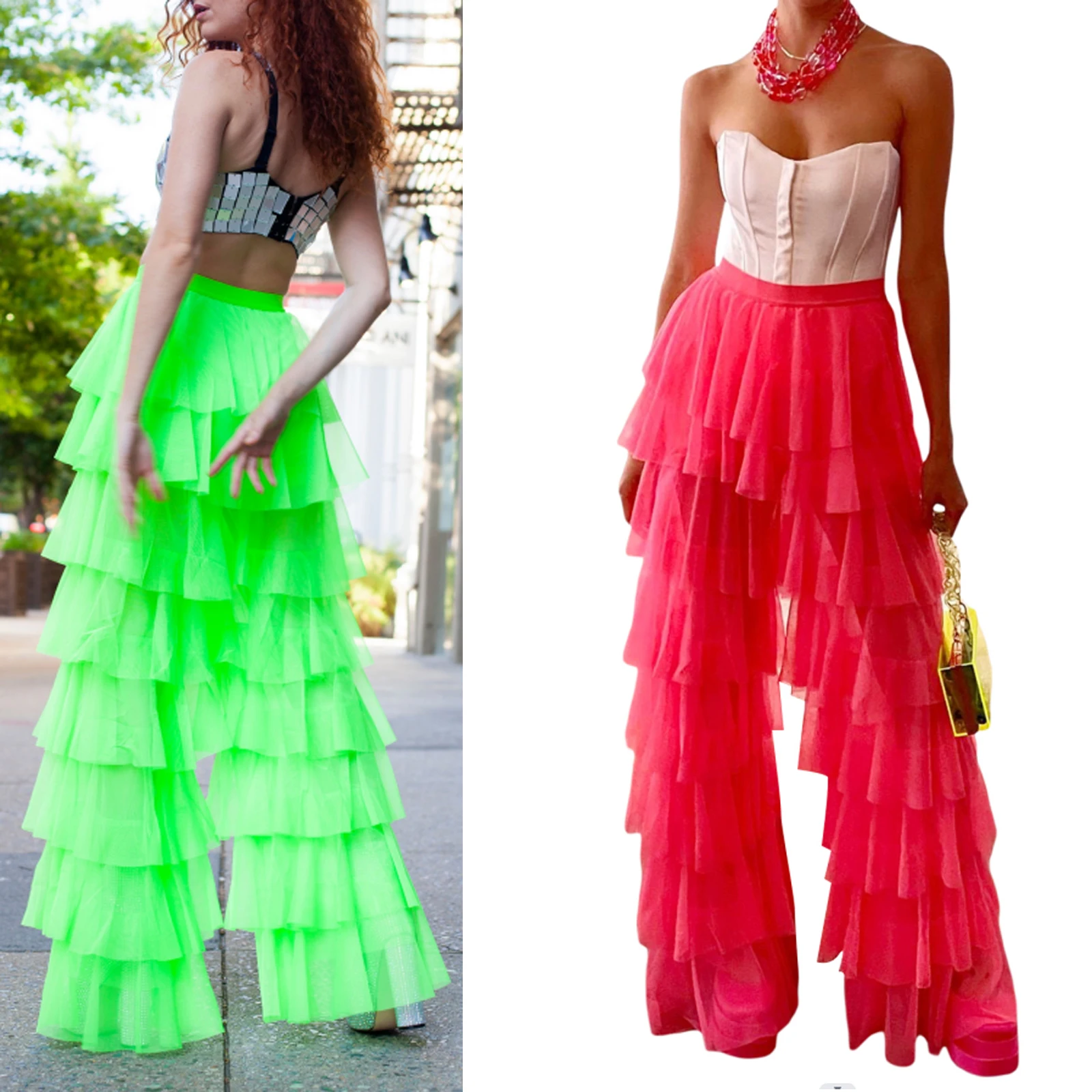 

2023 Fashion Women's Summer Wide Leg Pants High Waist Layered Tulle Pants Loose Long Trousers Streetwear