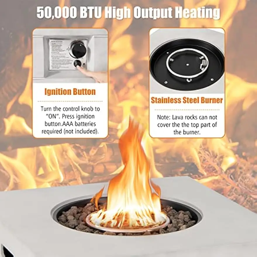 Outside Fire Pit Table-50000 BTU Outdoor Square Propane Fire Table Gas Tables w/Lid Lava Rocks