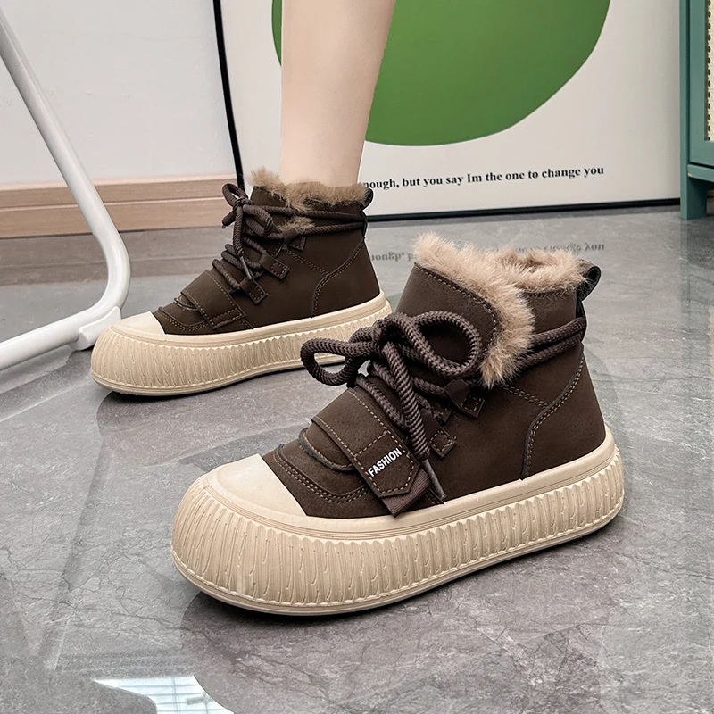 

Women Fur Ankle Flats Platform Snow Boots Warm Cozy Walking Brand Shoes 2024 New Winter Fad Short Plush Lace Up Chaussure Femme