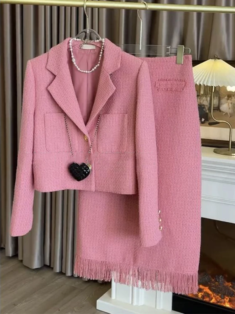 

2024 Small Fragrance Two Piece Set Women Blazer Coat Elegant Fashion Short Jacket Skirt Suits Korean OL 2 Piece Outfit