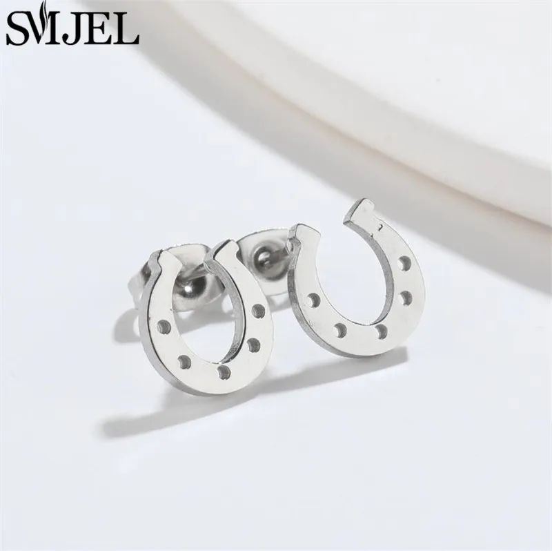 SMJEL Stainless Steel U Shape Stud Earrings Black Minimalist Horse Shoe Earing for Women Men Punk Jewelry boucle d'oreille femme