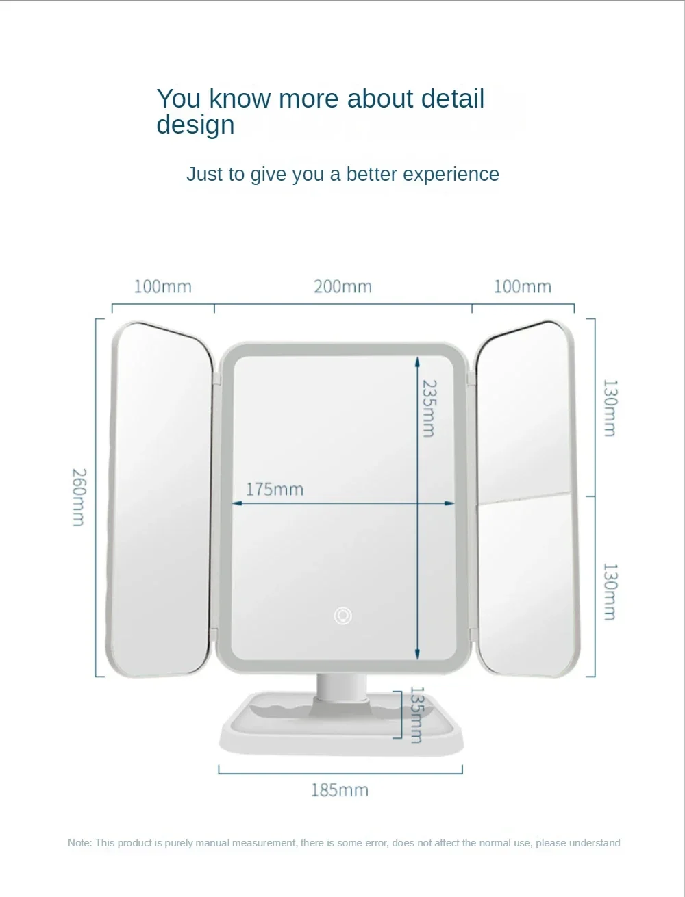 Makeup Mirror Vanity Mirror with Light,Trifold,Touch Sensing,90&deg; Rotation,2x 3x Magnifying Cosmetic Mirror,Brightness Adjustable