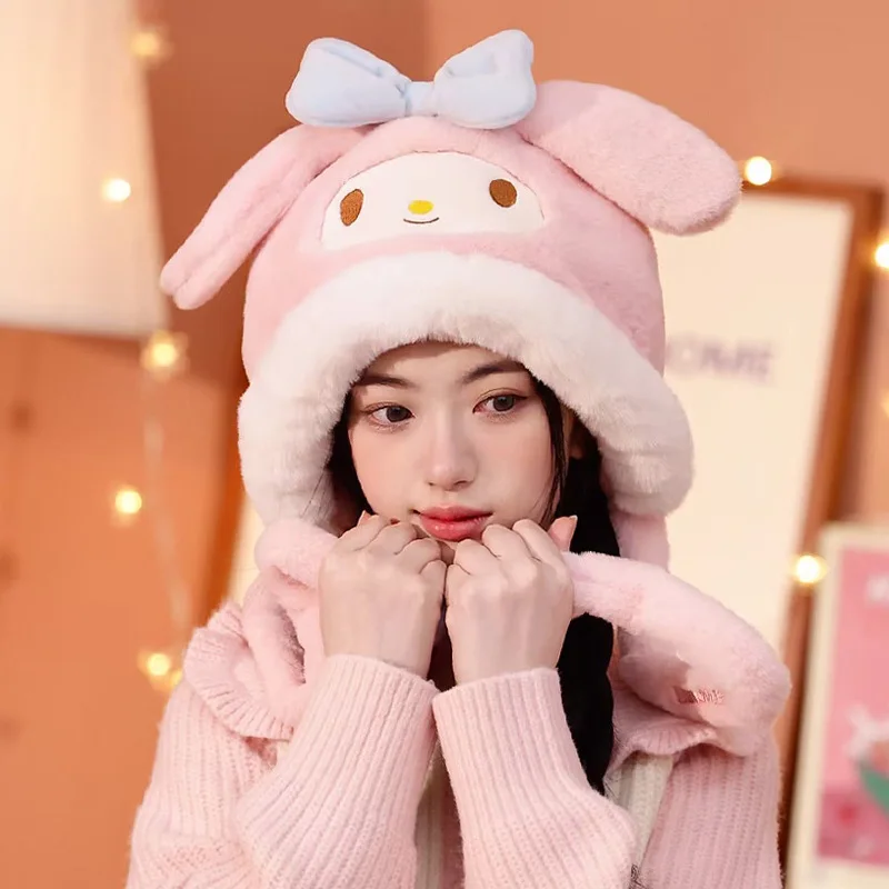 

Kawaii Sanrioed Cinnamoroll Kuromi My Melody Pochacco Pompom Purins Child Winter Two Piece Set Moving Hat Cute Cartoon Warm Hat