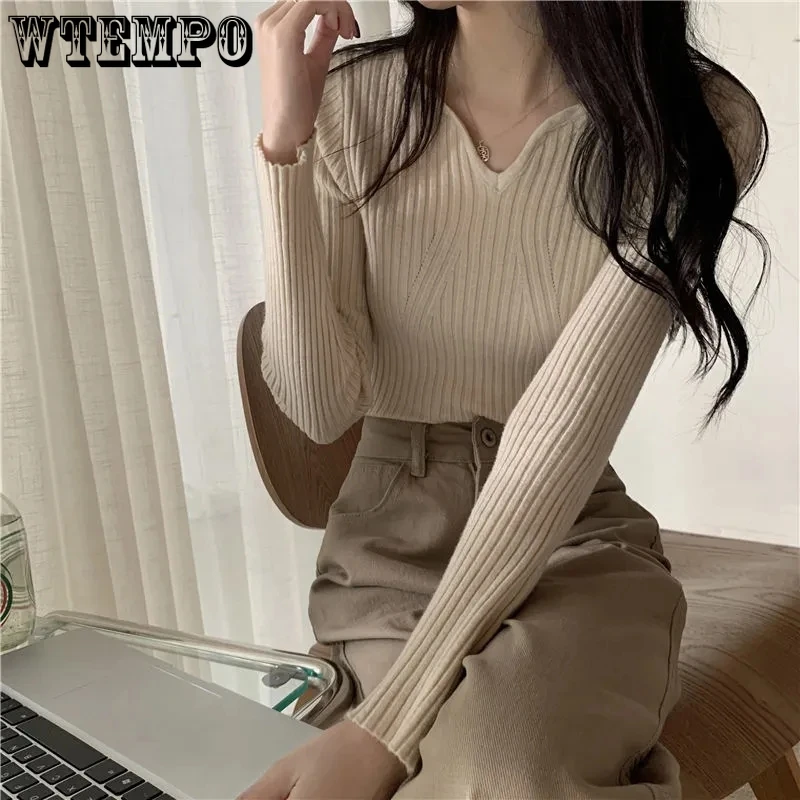 

WTEMPO Fashion V-Neck Long Sleeve Knitwear Women Fall Winter New Solid Slim Knitted Pullover Casual Bottoming Sweaters Wholesale
