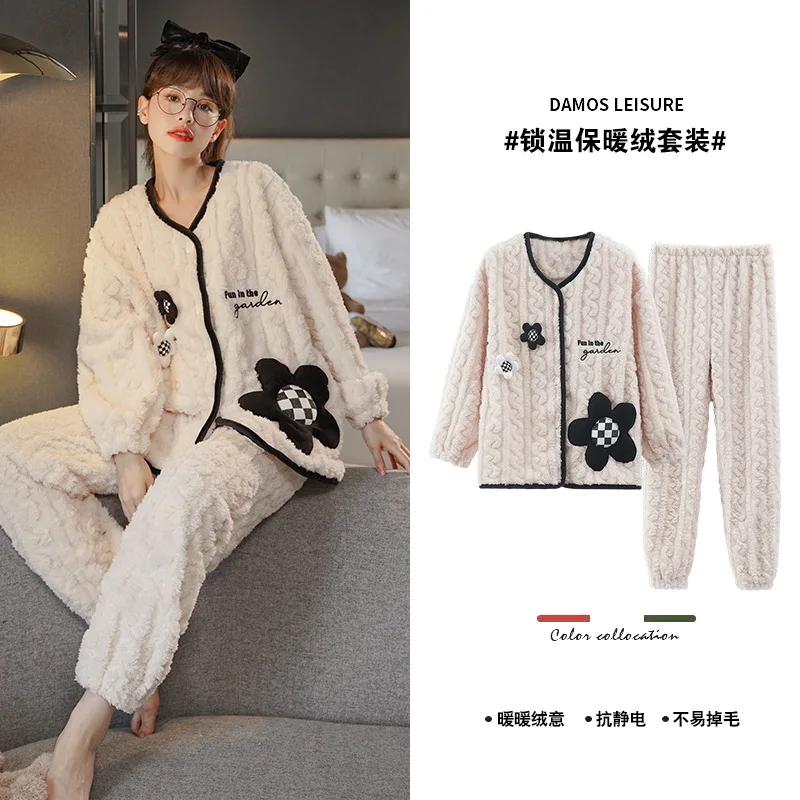 Korean Kawaii Kimono Woman Cardigan Pijamas Winter Thick Soft Thermal Flannel Pajamas for Woman Girl Sleepwear Pjs Mujer