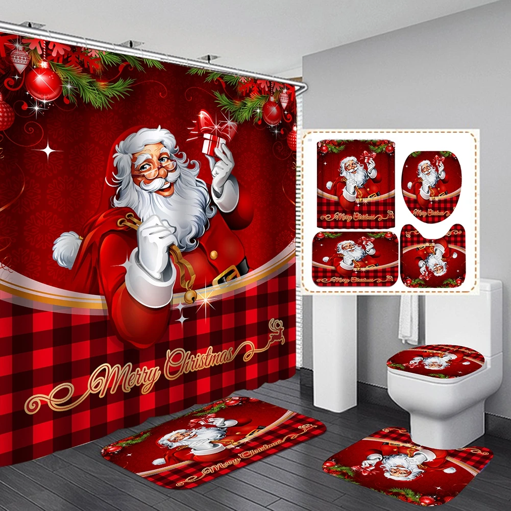 

Christmas Bathroom Set Shower Curtain Waterproof Santa Claus Anti-skid Bath Rugs Toilet Cover Bath Curtains Carpet Xmas Decor