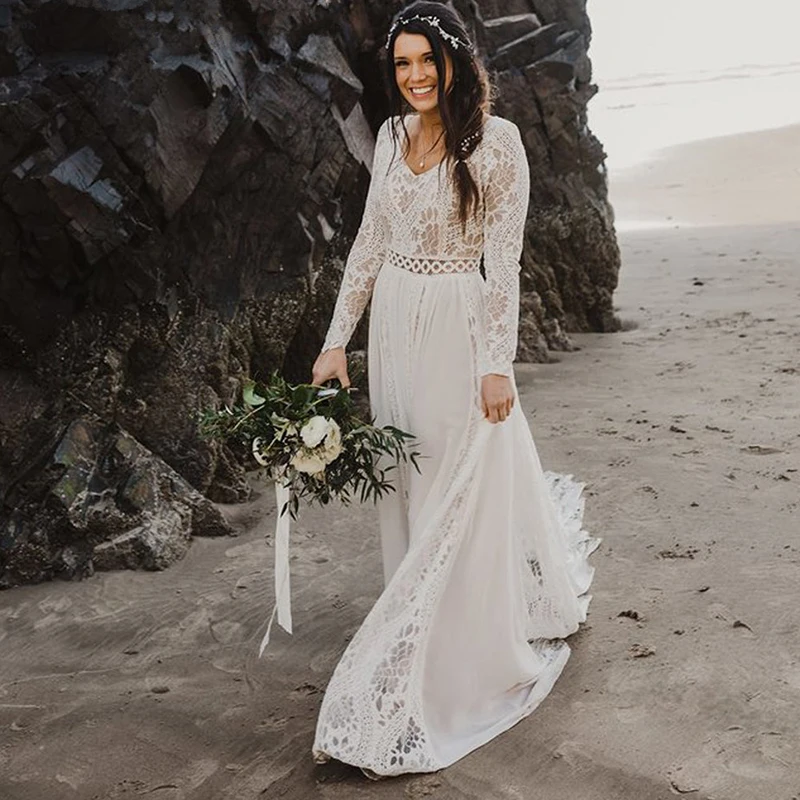 Vestido de novia de playa de talla grande con manga larga, encaje