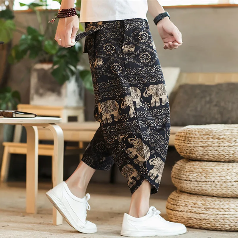 Men Traditional Style Summer Big Size Casual Calf-Length Pants Korean Style Cotton Printed Loose Male Trouser Streetwear