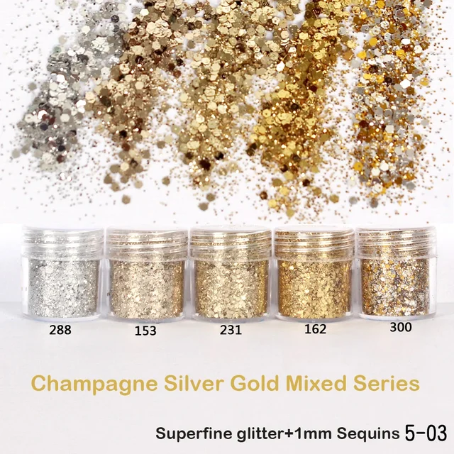 1 Bottle Champagne Silver Gold Mixed Series Nails Art Glitter Sequins DIY Sparkly Dust Pigment Nail Sequin Paillette Flakes Tips