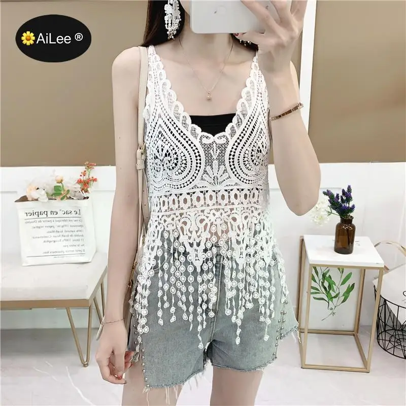 

Women Tassel Blouse Shirt Femininas Summer Tops Blouses Lace Elegant Sleeveless Blusas Crochet Casual Holidays Hollow Out Women