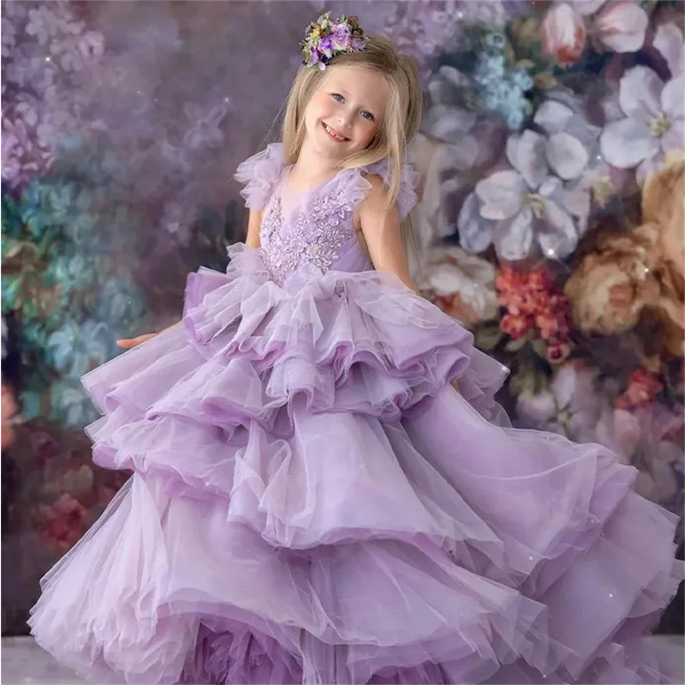 

Flower Girl Dress Bows Children's First Communion Ball Gown Princess Formal Elegant Girl Party Dresses Full Of Layers