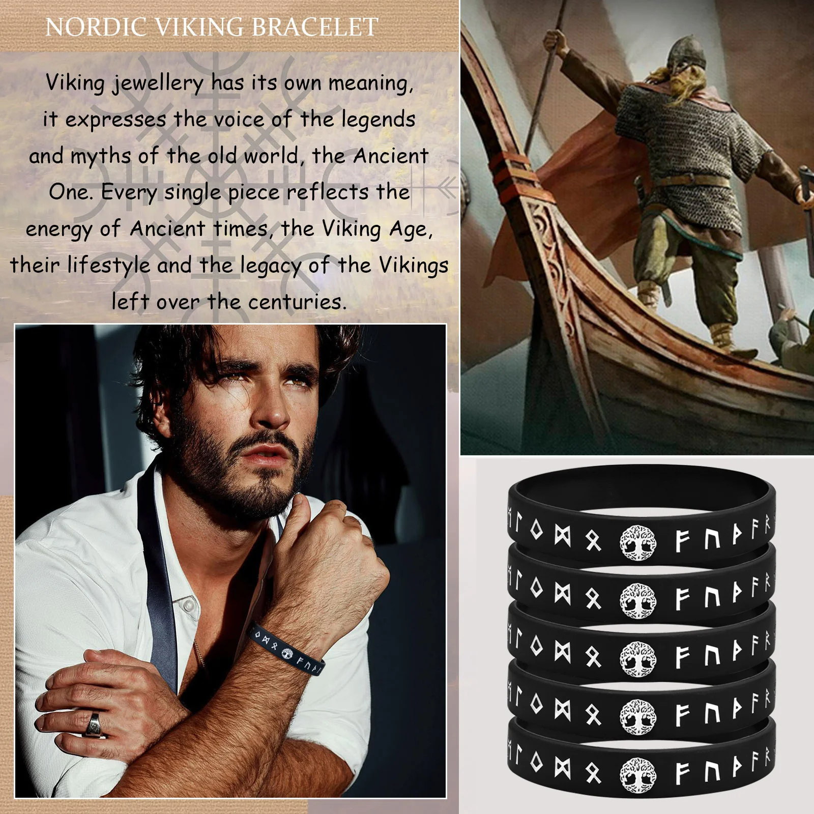 Vnox 1/2/3/4 Pcs Tree of Life Bracelets for Men,Black/White Norse Viking Runes Silicone Rubber Band Wristband Bangle,Comfort Fit