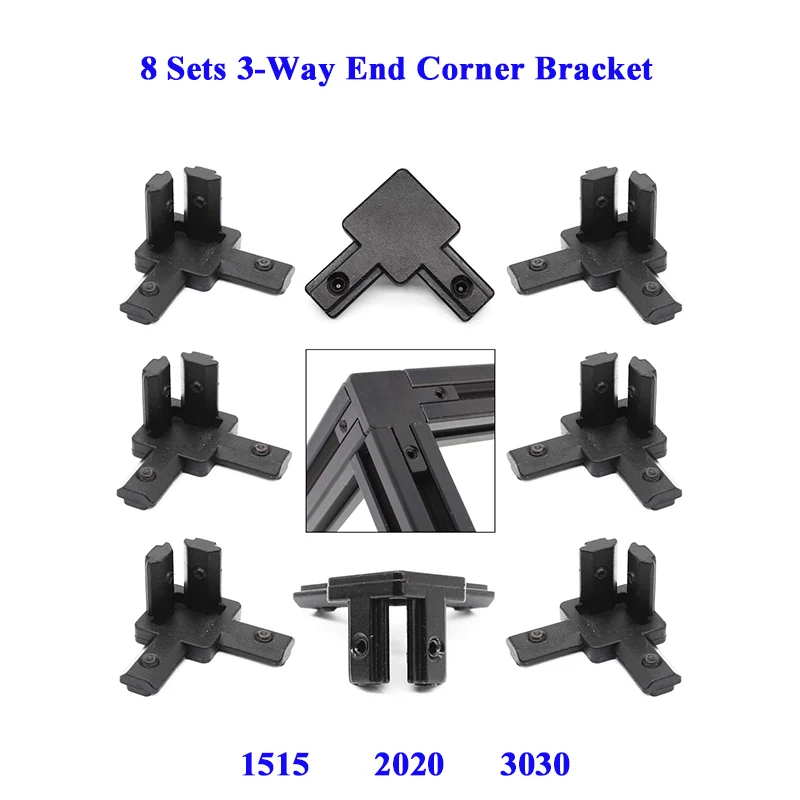 8Sets 3-Way End Corner Bracket Connector for European Standard Aluminum Extrusion Profile Black 1515 2020 3030 with Screws
