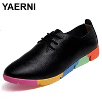 YAERNI  new lace-up leather women flat white shoes pointed toe plus size soft bottom leisure flat colorful shoes woman 1