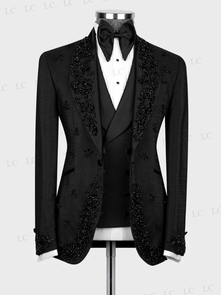 Classic Men Suits 3 Pieces Blazer Vest Pants Beadings One Button Prom Formal Tuxedos Wedding Party Groom Plus Size Tailored