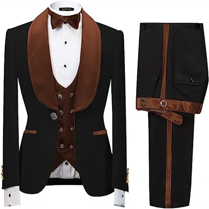 Black Jacquard Brown Velvet Auntumn /Winter Weding Tuxedo Slim Fit 3pcs Blazer Vest Pants Full Men's Suit