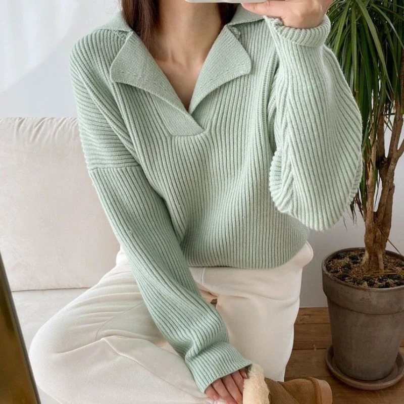 

Зеленая поло, женский свитер, пуловеры, Серые вязаные топы для женщин, рекламная акция, экономичный корейский стиль, Осень-зима 2023, Теплый современный
